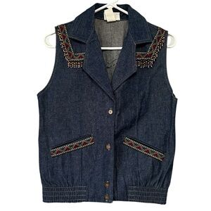 VTG Cortiva Denim Western Country Rockabilly Beaded Vest 100% Cotton Size Small